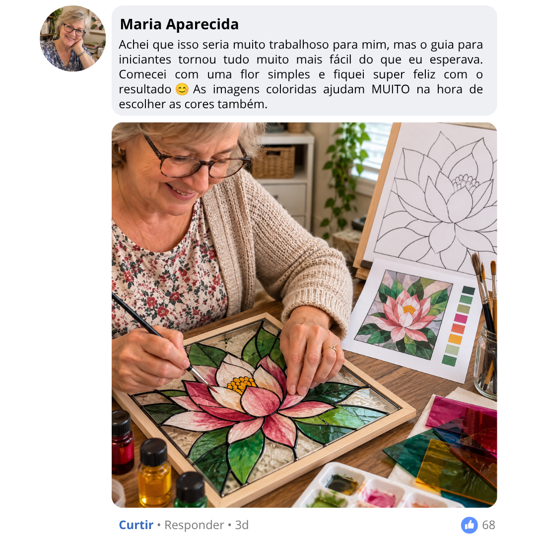 Depoimento de Maria Aparecida sobre começar com uma flor e usar as referências coloridas.