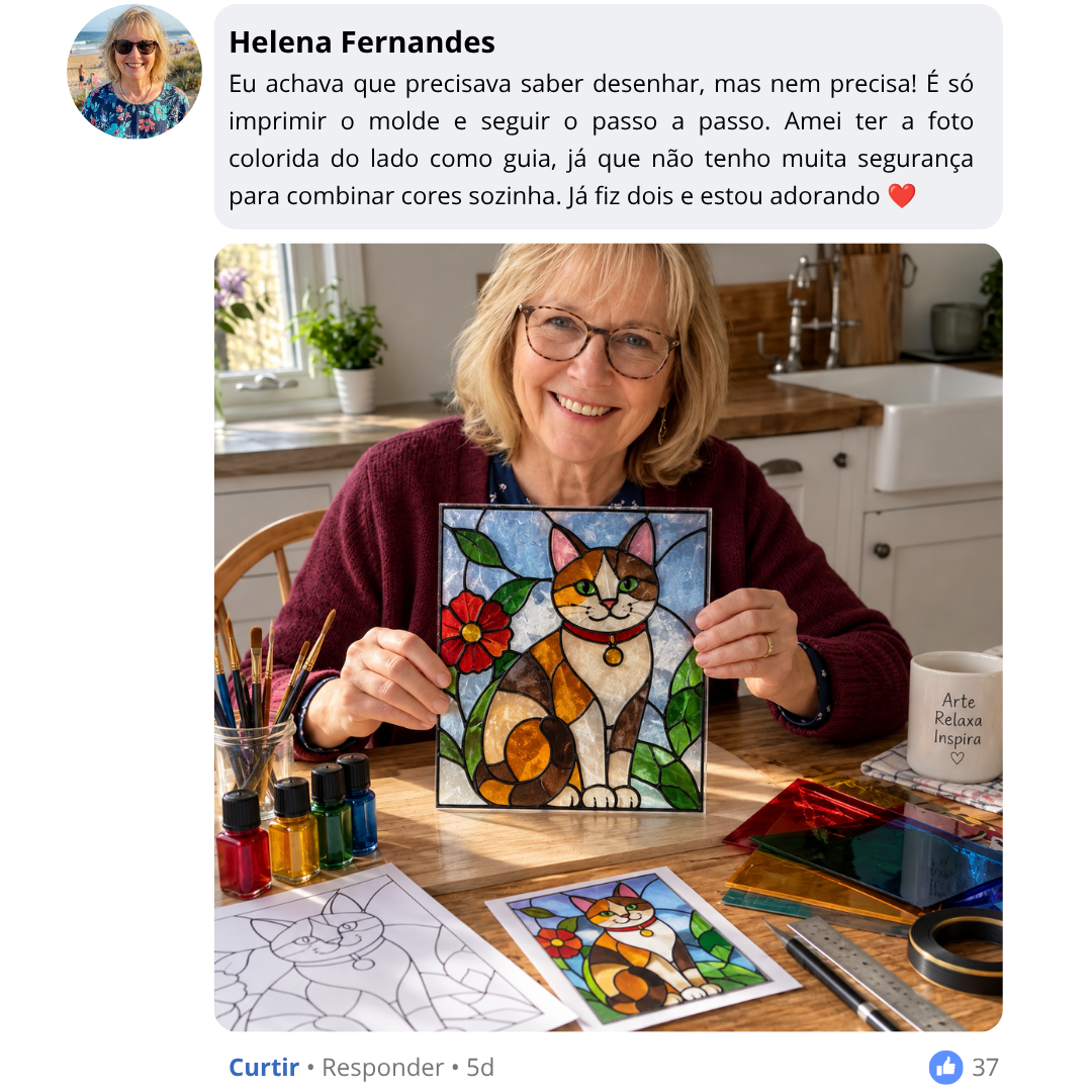 Depoimento de Helena Fernandes sobre imprimir os moldes e combinar cores.